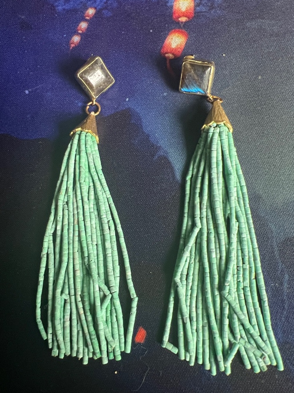 Handmade Green Beaded Tassel Drop labradorite blue flash Earrings - Gold Accent
